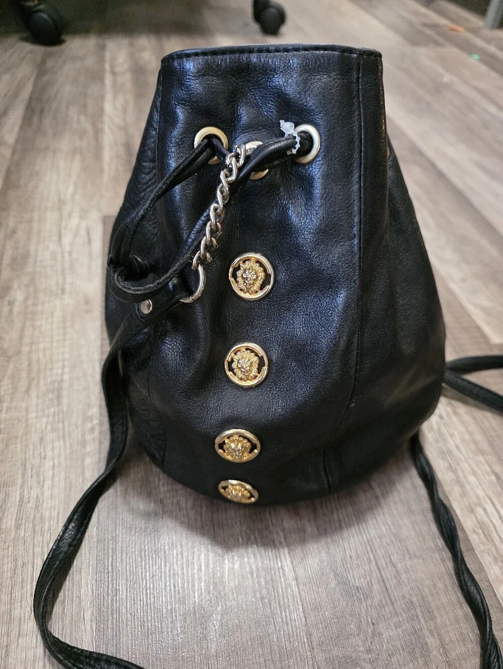Vintage JEFFREY CAMPBELL Black Leather Drawstring Bucket Bag Gold Medusa Versace